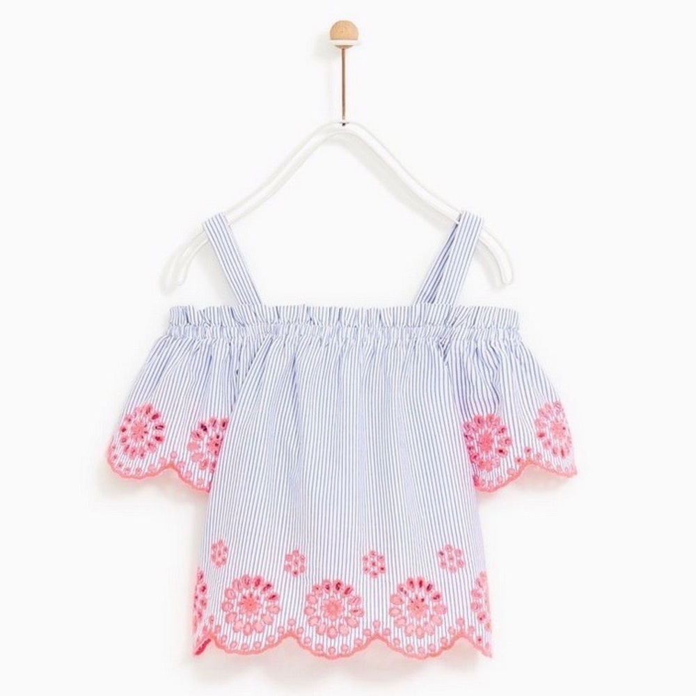 Zara Girls Collection Off Shoulder Strap Ruffle Blouse Top Shirt Embroidered 5 - Picture 1 of 12
